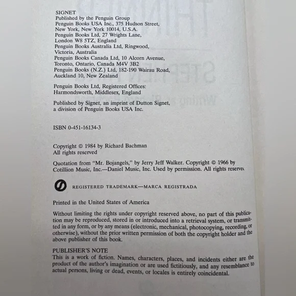 Thinner by Stephen King Richard Bachman Signet Hardcover Book Dust Jacket 1984 - Picture 3 of 9